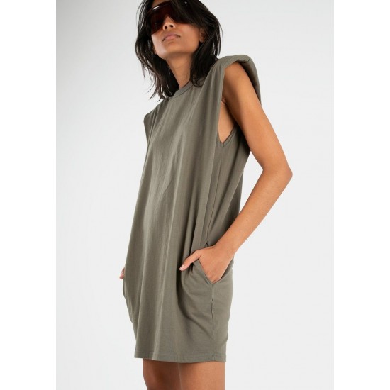 Cheap Frankie Shop - Tina Padded Shoulder Muscle Dress- Olive Khaki